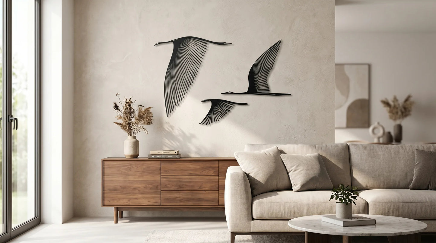 Cuadro metálico de aves en vuelo en negro