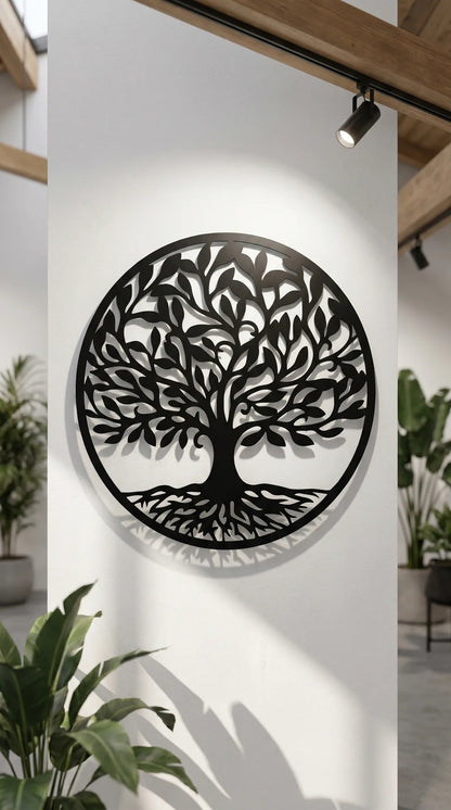 Cuadro metálico de árbol de la vida con follaje en negro