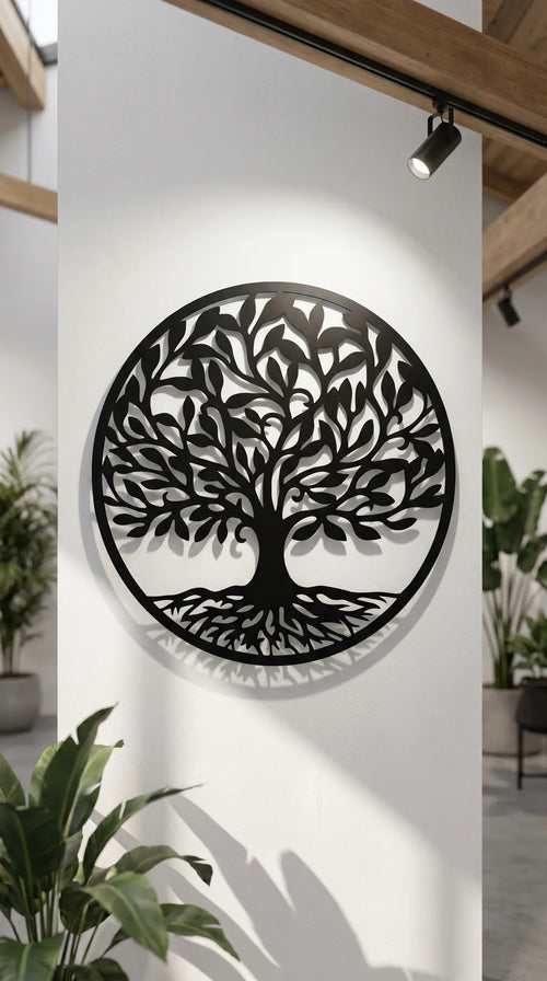 Cuadro metálico de árbol de la vida con follaje en negro
