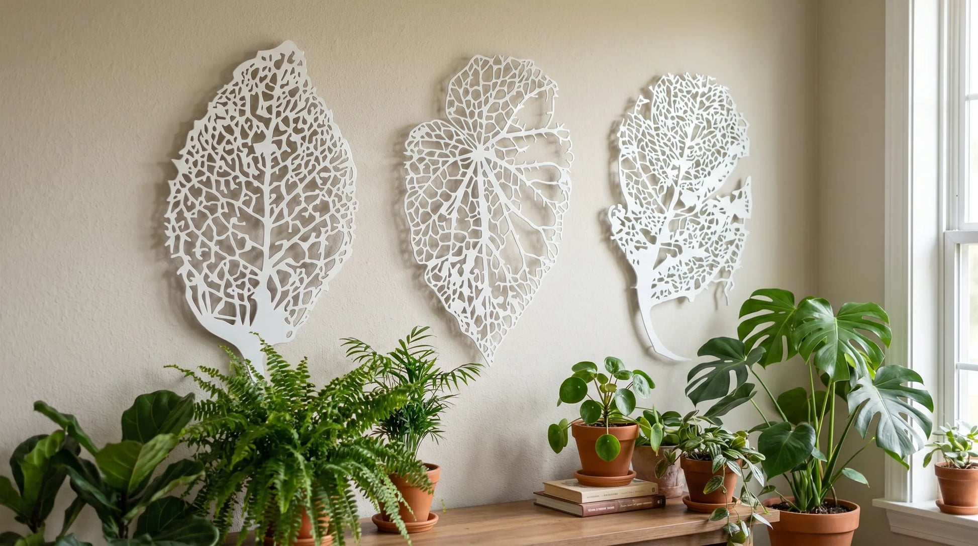 Cuadro metálico de venas de hoja en blanco