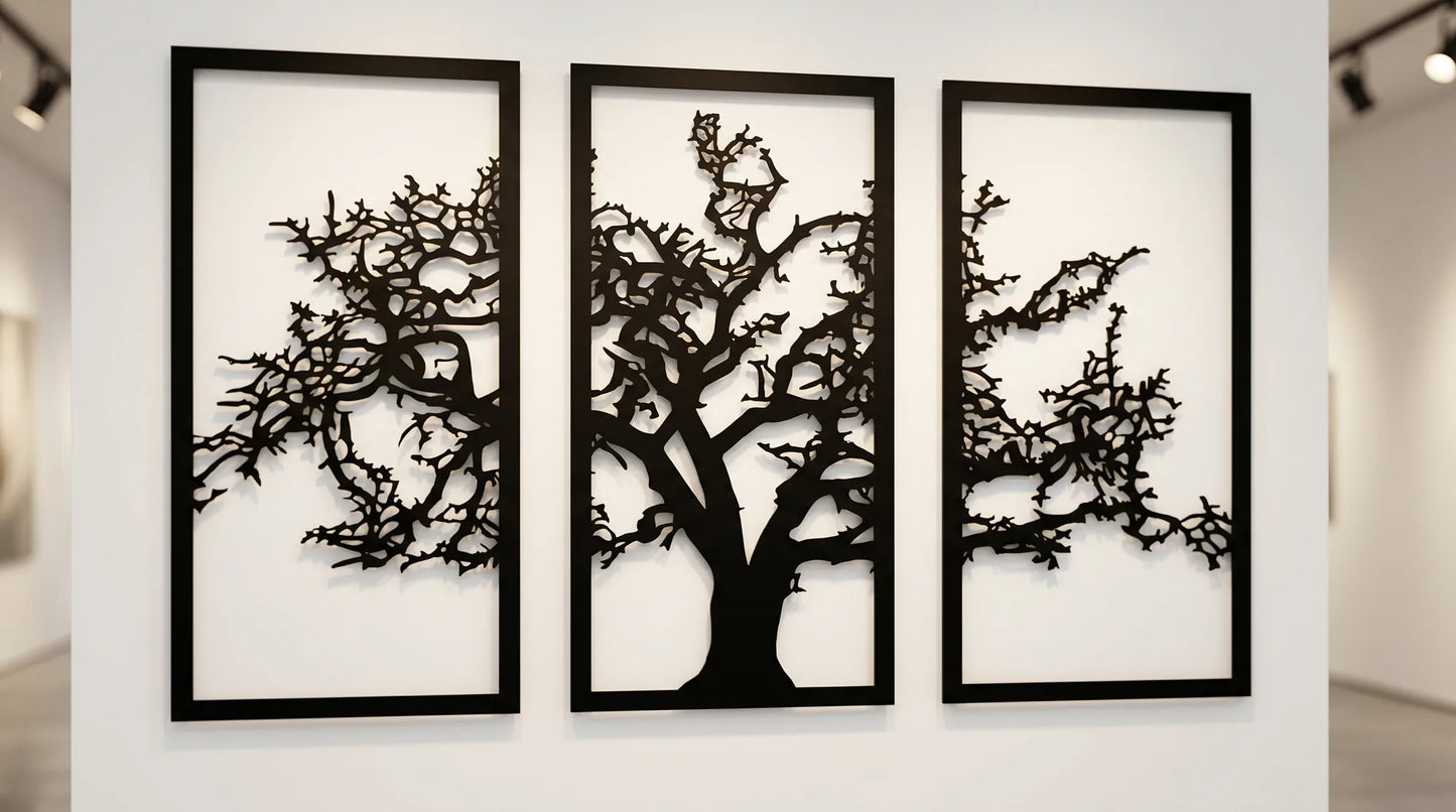 Cuadro metálico de árbol en tríptico negro