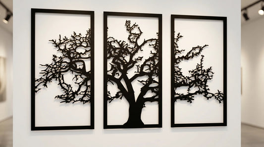 Cuadro metálico de árbol en tríptico negro