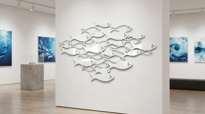 Cuadro metálico de cardumen de peces en blanco