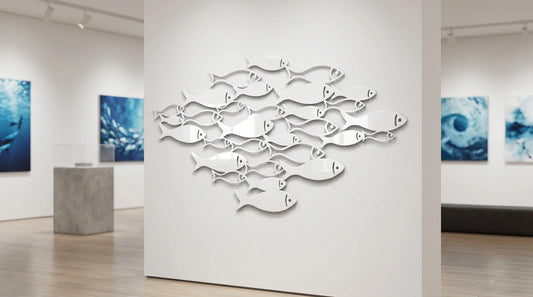 Cuadro metálico de cardumen de peces en blanco