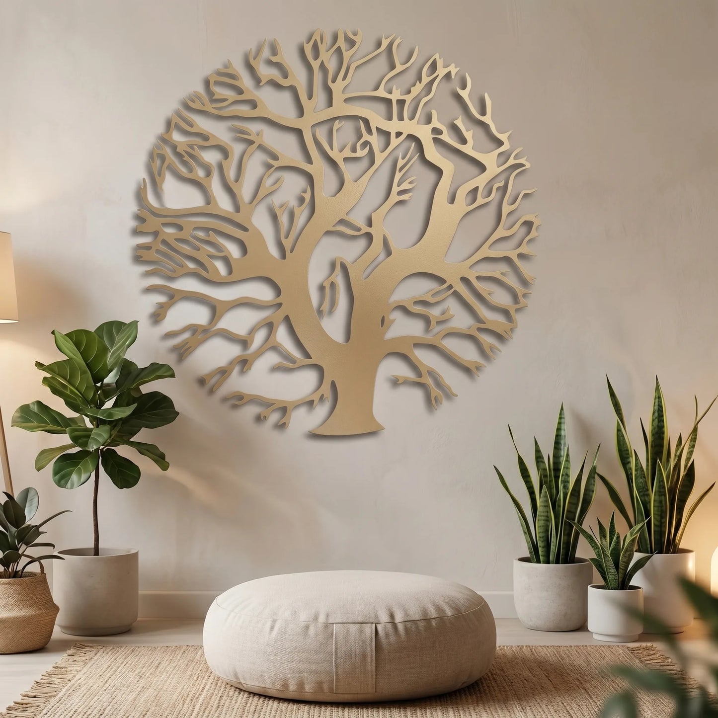 Cuadro metálico de árbol circular con raíces en dorado