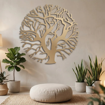 Cuadro metálico de árbol circular con raíces en dorado