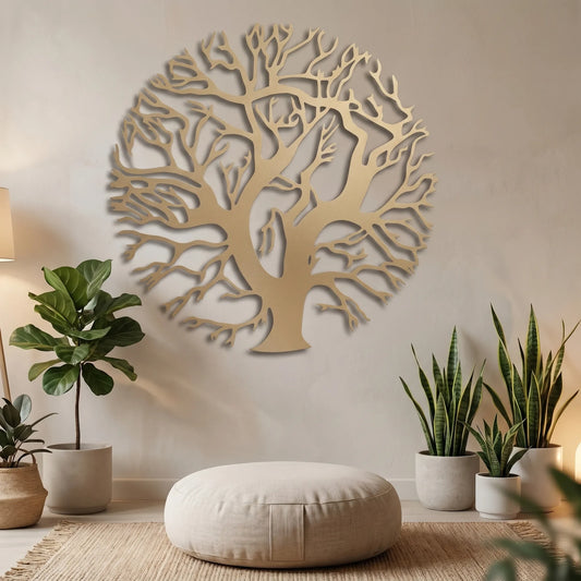 Cuadro metálico de árbol circular con raíces en dorado